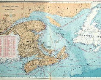 1915 Large Antique Map of Canals, Lighthouses, and Sailing Routes on the Atlantic Coast - Maritimes