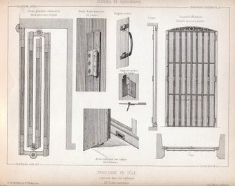 1880 French Antique Engraving of Decorative and Architectural Metalwork. Cast-iron Shutters. Plate 21