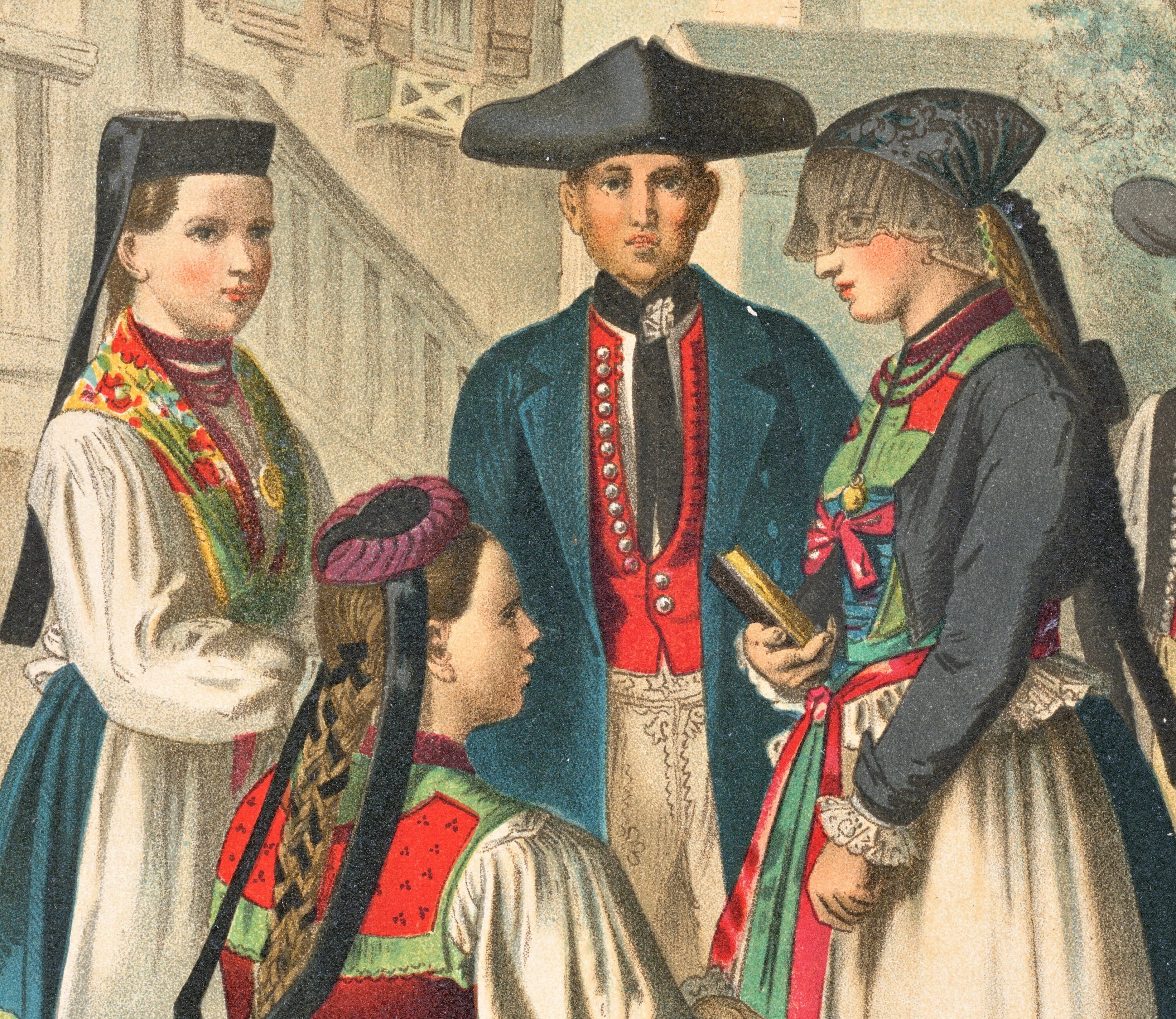 1870s Large Antique Print of Historical Fashion / Dresses / German