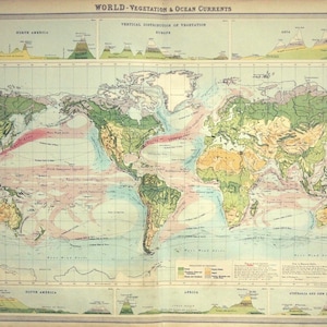 Puede incluir: Mapa del mundo antiguo titulado "World - Vegetation & Ocean Currents" de The Times Atlas. El mapa presenta ilustraciones detalladas de continentes, océanos y zonas de vegetación, con representaciones codificadas por colores de las corrientes oceánicas.