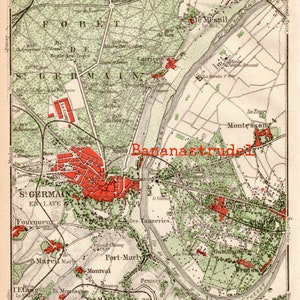 May include: An antique map of the area around Saint-Germain-en-Laye, France. The map is printed in black and red ink on a white background. The map shows the town of Saint-Germain-en-Laye, as well as the surrounding towns and villages. The map also shows the rivers and forests in the area.
