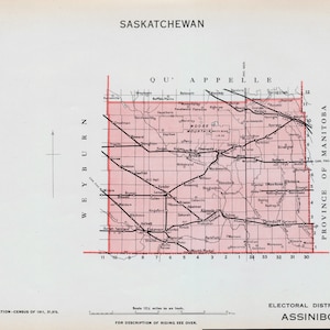 May include: A black and white map of the Assiniboia electoral district in Saskatchewan, Canada. The map shows the boundaries of the district, as well as the locations of towns and cities. The map is titled "Electoral District of Assiniboia" and is dated 1911.