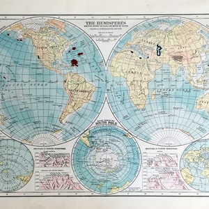 1919 Große Antike Weltkarte in Hemisphären