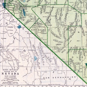 Carte vintage des années 1940 du Nevada - carte bleu et vert émeraude