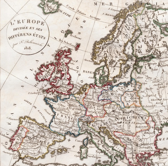 1818 Antique Map of Europe - Hand Coloured Vaugondy/delamarche Map