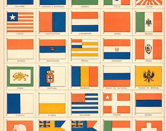 Antique Prints of Flags of the Nations - Pre-World War I - Set of Two Prints