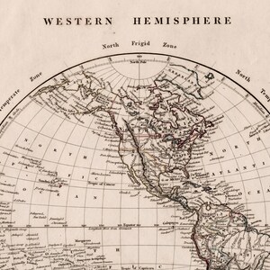 Carte du monde antique de 1828 - Hémisphère occidental - Amérique du Nord - Amérique du Sud - Colorée à la main