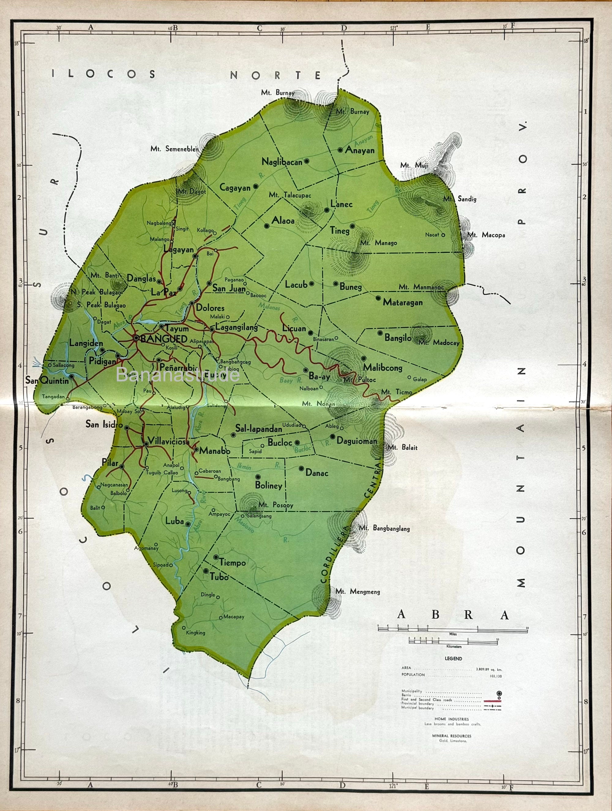 1959 Large Rare Vintage Map of Abra, the Philippines - Bangued - La Paz ...