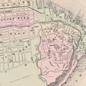 May include: A vintage map of Quebec City, Canada, showing the city's layout and street names. The map is in black and white with some areas highlighted in pink. The map includes the names of the different wards, including "John Ward", "Cartier Ward", "Palace Ward", and "St. Louis Ward".