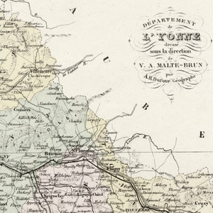 Carte ancienne de l'Yonne, France - avec encart représentant Auxerre - coloriée à la main - carte vintage française des années 1800