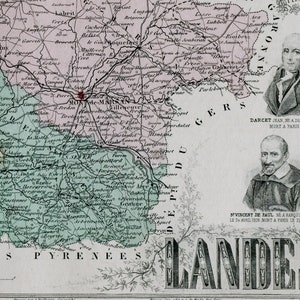 1883 Antike Karte von Landes, Frankreich - Mont-de-Marsan - Vintage illustrierte Karte - Saint Vincent de Paul - handgefärbt - Wohnkultur