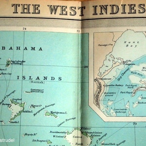 May include: An antique map of the West Indies, showing the Bahamas and nearby islands. The map includes place names like "Bahama", "Islands", and "Hunt Bay", with a colour scheme of beige, blue, and green. Measurements are not included.