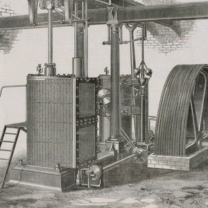 May include: A black and white illustration of a large industrial steam engine with a large flywheel. The engine is made of metal and has a complex system of gears and levers.