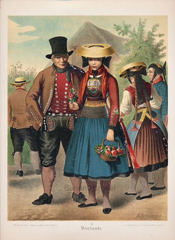 1870s Large Antique Print of Historical Fashion / Dresses / German