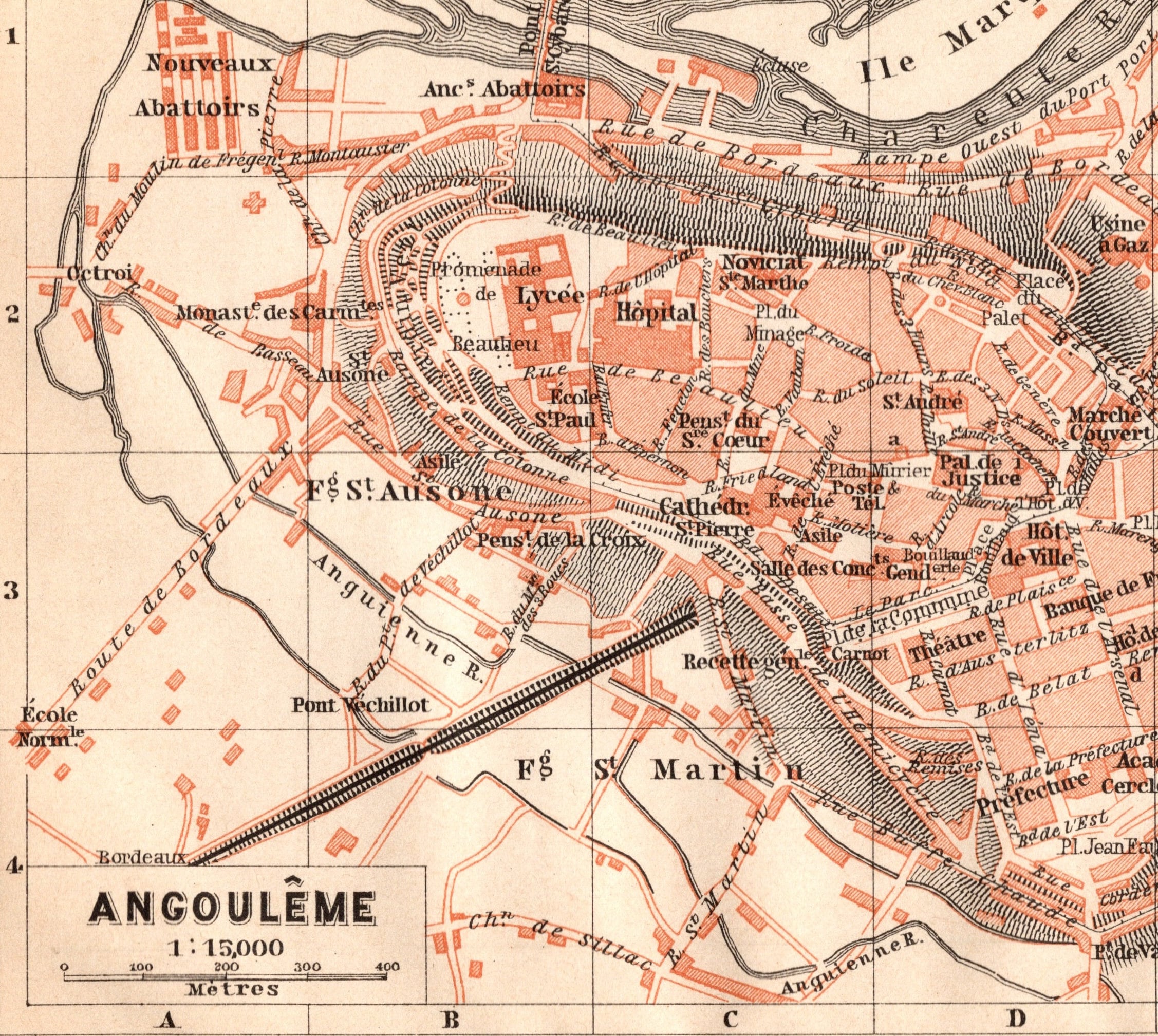 Antique Map of Angoulême, France - Small 1907 City Map