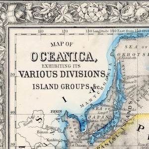 Carte ancienne rare de 1864 de l'Australie et de l'Océanie - Carte historique - Carte Mitchell coloriée à la main