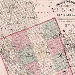 Carte ancienne rare de 1875 du district de Muskoka, Ontario, Canada - Carte du pays des chalets colorée à la main