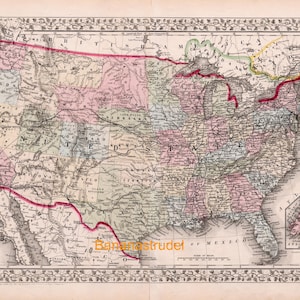 Könnte beinhalten: Antike Karte der Vereinigten Staaten, Territorien und Kanada, mit dekorativem Rand. Die Karte verwendet verschiedene Farben, um Staaten und Territorien zu unterscheiden, mit roten Linien, die Grenzen markieren. Der Text "Barraestrudet" ist sichtbar.