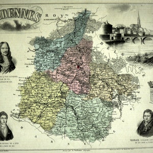 1883 Antike Landkarte von Ardennen, Frankreich - Vintage Map - Handcoloriert - Wohndeko