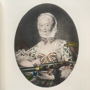 Madame de Pompadour at her Embroidery - Handcoloured Antique Print from 1900s