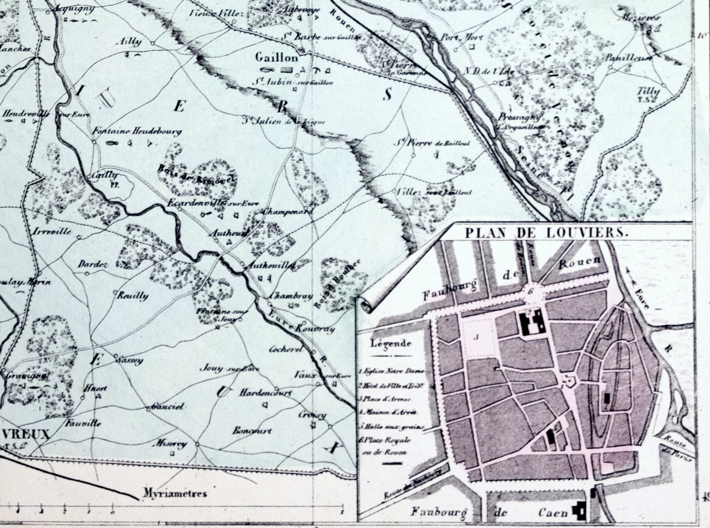 1800 年代のフランスのアンティーク地図、ルーヴィエとその周辺