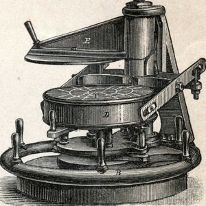 May include: A vintage black and white illustration of a machine with a round platform and multiple levers. The machine appears to be used for making or processing something, possibly food.