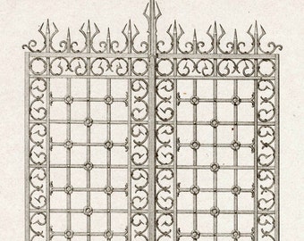 1880 French Antique Engraving of Decorative and Architectural Metalwork. Gate and Grille in Rouen. Plate 24 - Architectural Print