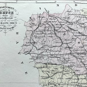 Ancienne carte de la Creuse, France - coloriée à la main - encadré de Guéret - carte vintage française des années 1800
