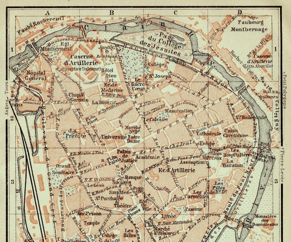 フランス、ポワティエのアンティーク地図 - 1907 年の小さな市街地図