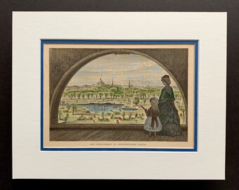 1872 Boston Print - View from Steeple of Arlington Street Church -  Handcoloured Wood Block Engraving Double Matted - Ready to Frame 11 x 14