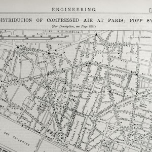 1889年のパリのアンティーク地図 - パリの圧縮空気の配給 - 白黒のパリ地図 - 1889年6月7日