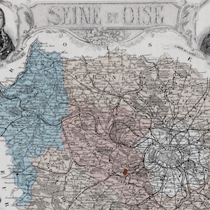1883 Antike Karte von Seine et Oise, Frankreich - Vintage illustrierte Karte - Versailles - Handkoloriert - Wohnkultur