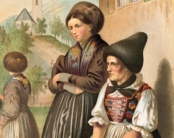 Antique Tyrol Costume Print – 1870s Chromolithograph No. 79
