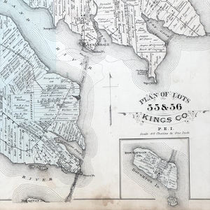 1880 Große seltene Vintage-Karte mit den Lots 55 und 56, Kings County, PEI. Mit Inset von Baughton Island - Handkoloriert