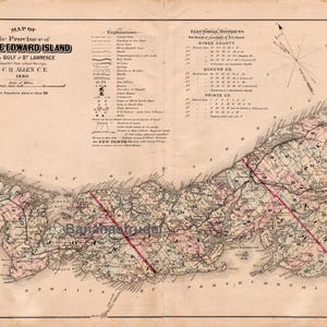 Provinz Prince Edward Island im Golf von St. Lorenz - Seltene große antike Karte, 1880 - handgefärbte PEI-Karte