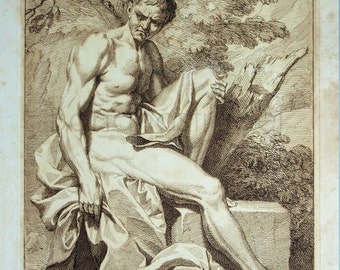 1734 Antique Dutch Copper Engraving. An Anatomical Figure of a Man - Plate 64. By Bernard Picart