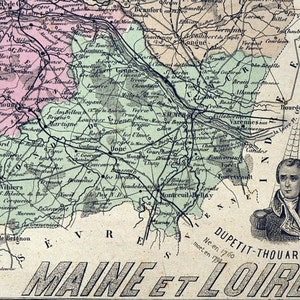 Carte ancienne de 1883 coloriée à la main du département du Maine et Loire, France.