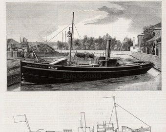 Antique Print of a Floating Steam Fire Engine - June 18, 1886