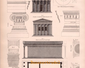 Colonnes grecques ioniques et doriques - 1875 Ensemble de 3 gravures anciennes