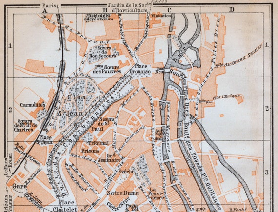 フランス、シャルトルのアンティーク地図 - 1905 年のヴィンテージ