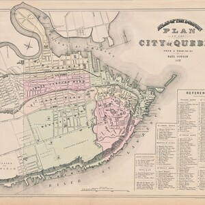 1875 年 ケベック シティ (カナダ) の珍しいアンティーク地図 - ヴィンテージ 手彩色ケベック シティ ストリート マップ - LDN