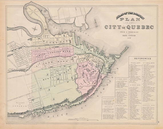 1875 Antique Map of Quebec City, Hand-Coloured Street Plan