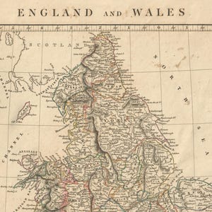 Ancienne carte de l'Angleterre et du Pays de Galles de 1828 - Carte d'Arrowsmith colorée à la main