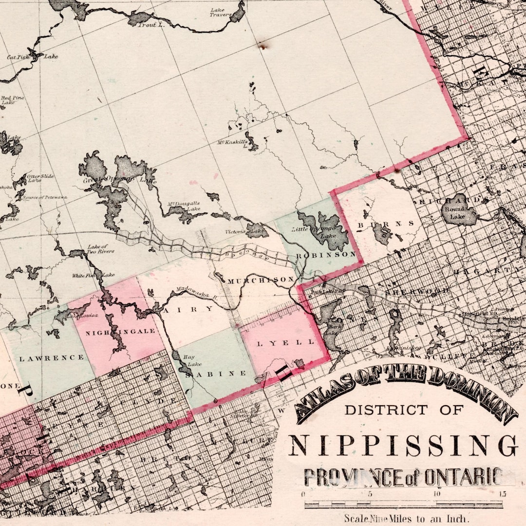 1875 年オンタリオ州ニピシング地区のアンティーク地図 - 珍しい手彩色