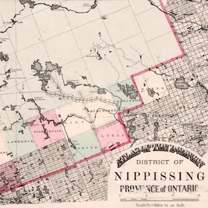 Carte ancienne du district de Nipissing, Ontario, 1875 - Rare carte coloriée à la main