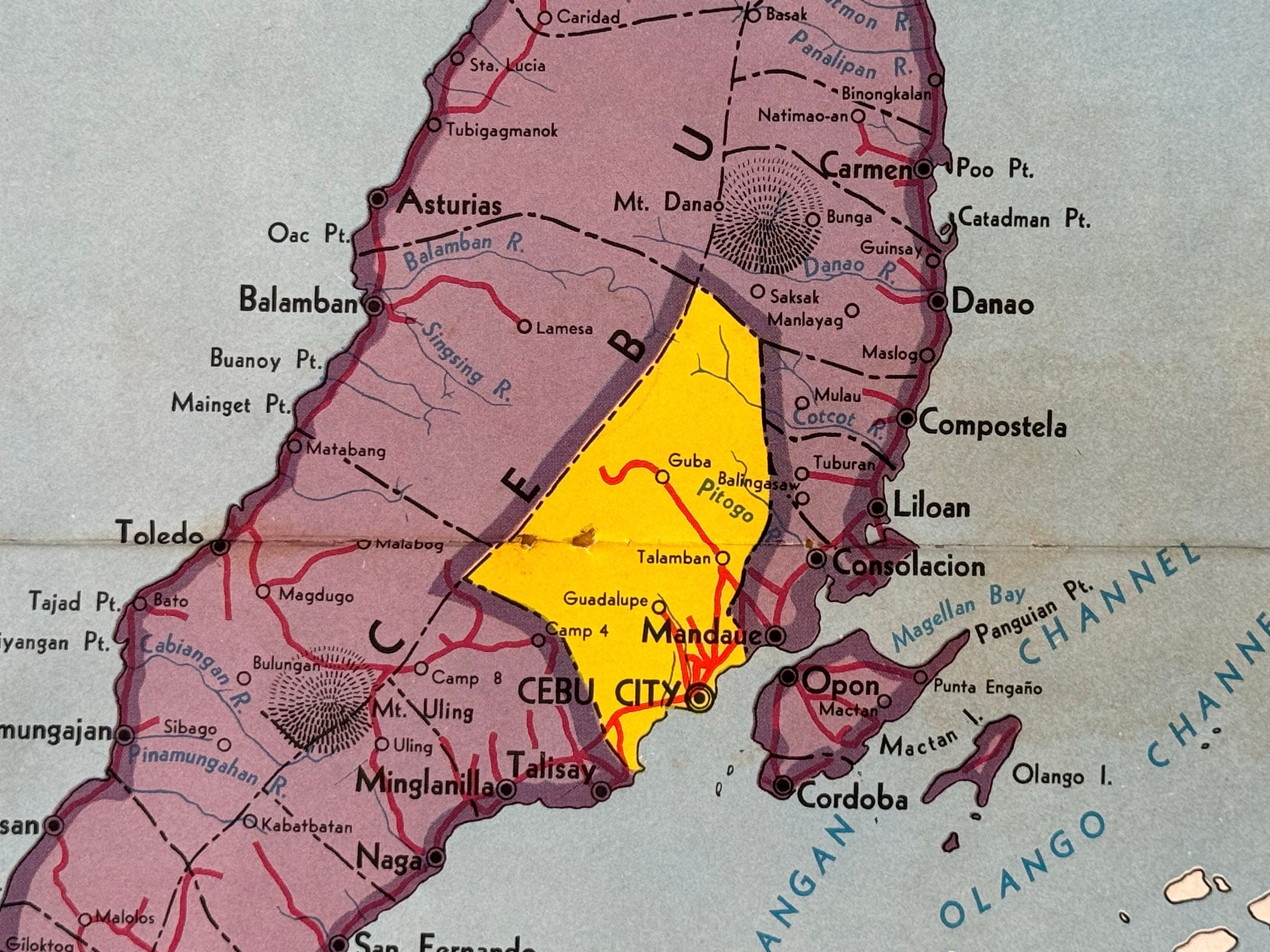 Large Vintage Map of Cebu, Philippines - Mandaue - Talisay - Mactan ...