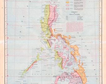 May include: A vintage map of the Philippines, showing the climate and frequency of tropical cyclones. The map is divided into different colored regions, each representing a different climate zone. The map also includes the names of major islands and cities.