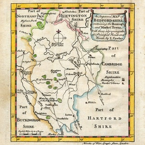 1744 Antique Map of Bedfordshire - Rare Bedfordshire County Map - Hand Coloured UK County Map - Unique Gift