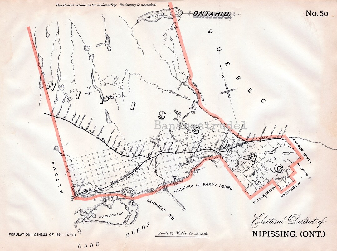 Antique Map of Nipissing, Ontario Manitoulin Bay Sudbury