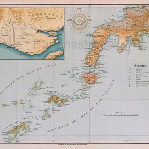 May include: A vintage map of the Philippines, showing the islands of Mindanao and Sulu. The map is printed in shades of brown, green, and blue, with text in Spanish. The map is titled "Islas Filipinas" and includes a legend with symbols for different features.